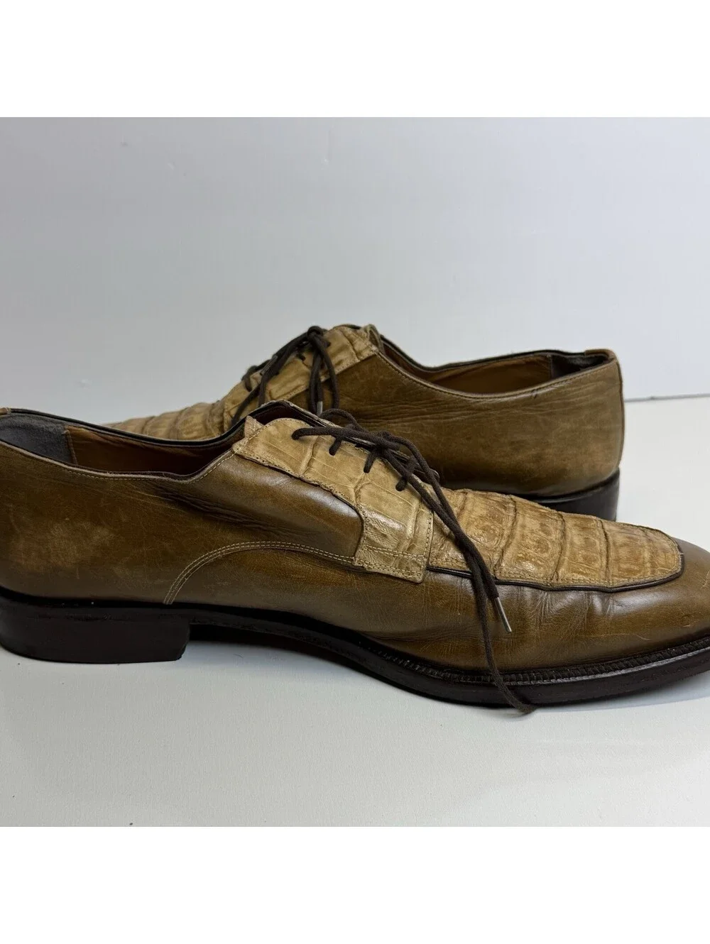 Vintage Caporicci Shoes Oxfords Sz 13 Brown Crocodile Leather Lace Up Italy Tan